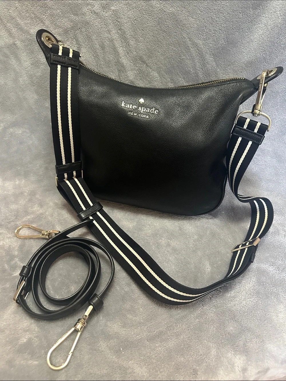 kate spade Black Leather Crossbody with Striped Canvas Strap